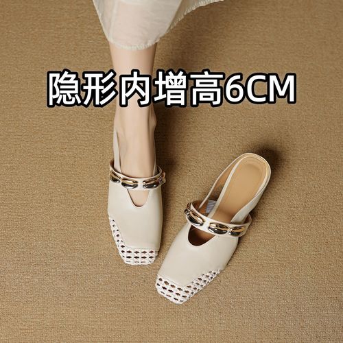 高级感内增高编织镂空包头半拖鞋女夏真皮方头一字带坡跟凉拖中跟主图
