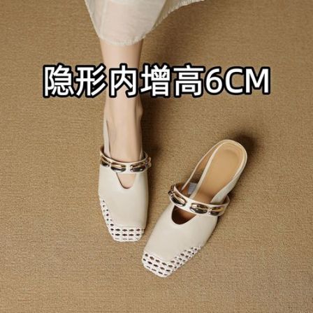 高级感内增高编织镂空包头半拖鞋女夏真皮方头一字带坡跟凉拖中跟
