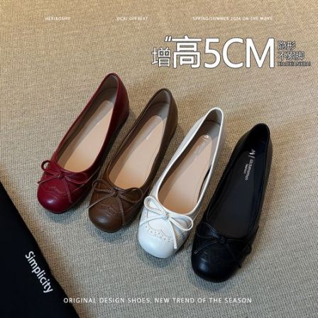 羊皮版~内增高5cm浅口蝴蝶结单鞋女新款复古温柔风圆头平底玛丽珍