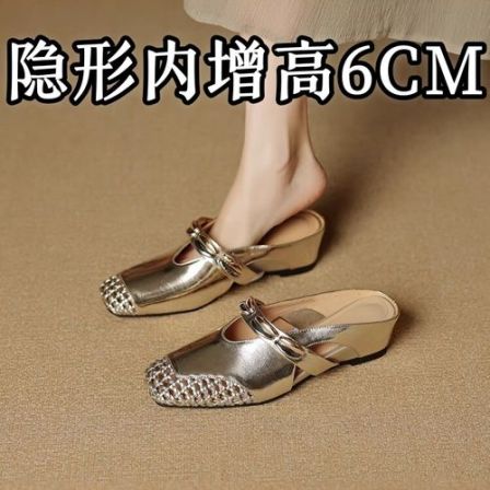 6cm内增高编织镂空方头包头半拖鞋女夏季外穿粗跟一脚蹬凉拖鞋