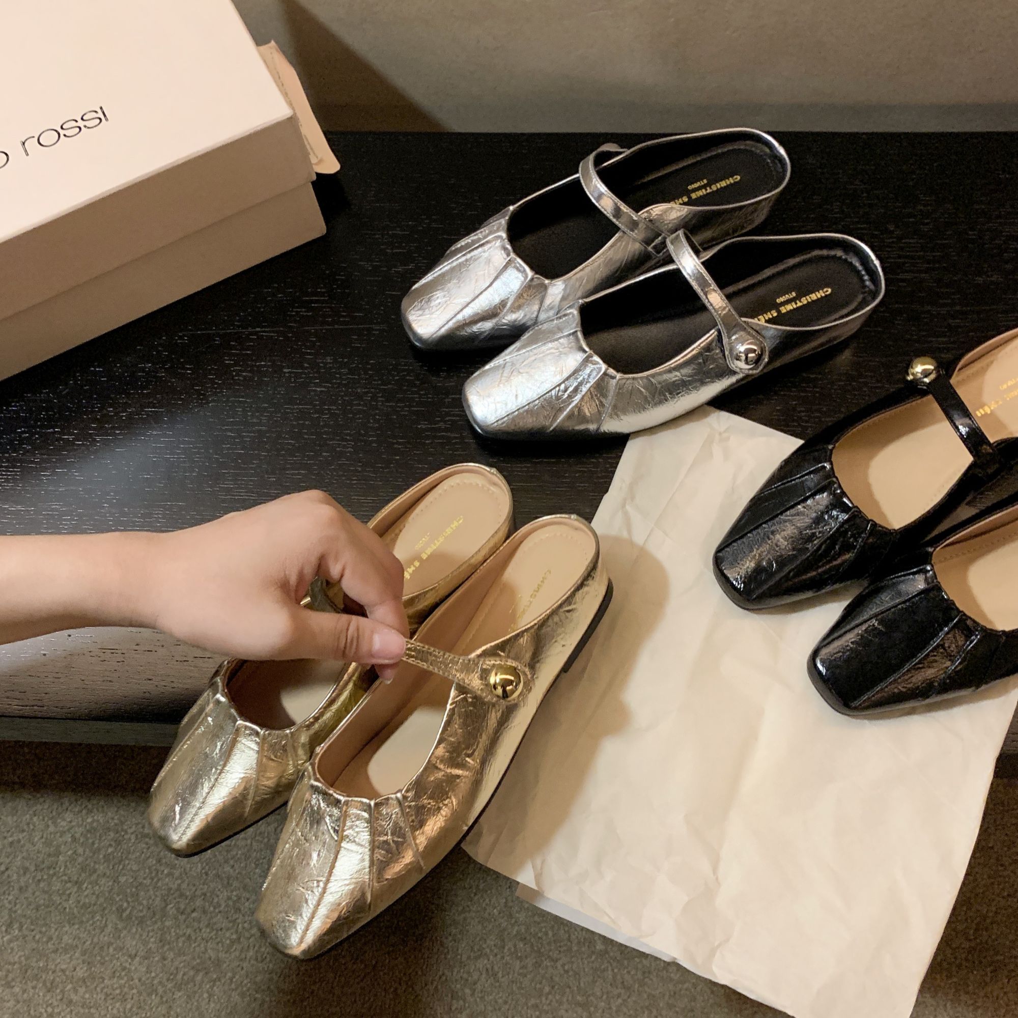 【sheii苏茵茵】内增高法式扣带褶皱芭蕾单鞋女包头半拖E4205219主图