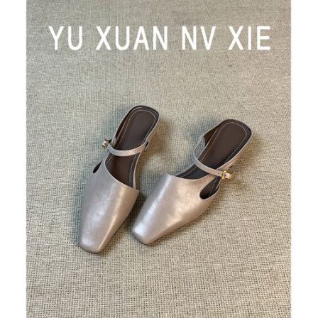 羊皮版~法式复古方头包头半拖凉鞋女夏季外穿时尚百搭粗跟穆勒鞋