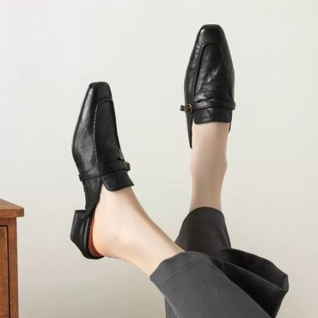 黑色真皮复古方头穆勒半拖通勤百搭低跟一脚蹬单鞋软底乐福鞋女