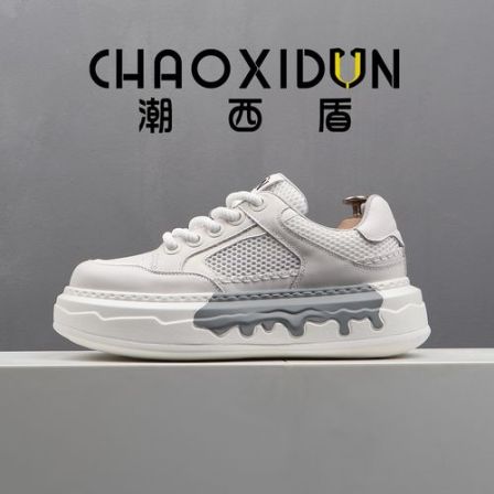 潮西盾CHAOXIDUN头层牛皮休闲鞋男透气夏季潮鞋厚底面包鞋2026新