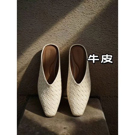 现货告别5折 编织时光！法式包头一脚蹬牛皮凉拖鞋女《TZAN175