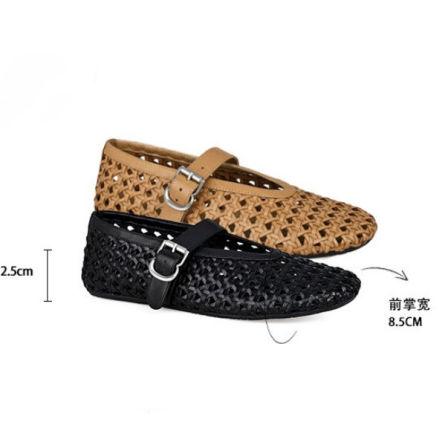莎莎｜复古进口胎牛皮玛丽珍鞋女士羊皮垫脚镂空编织平底鞋36679