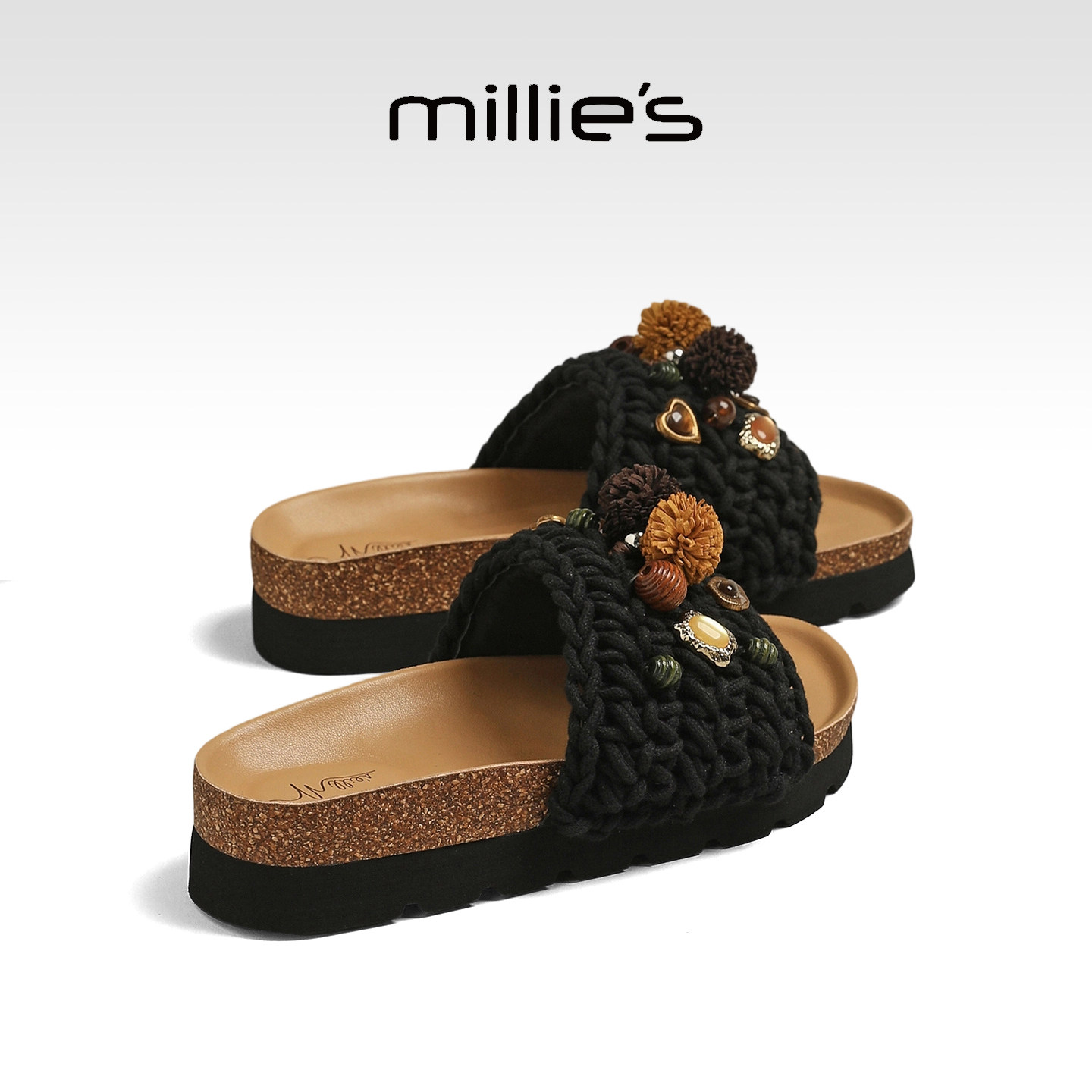 MILLIE'S/妙丽简约风手工编织厚底拖鞋女鞋黑色花朵装饰休闲凉拖主图