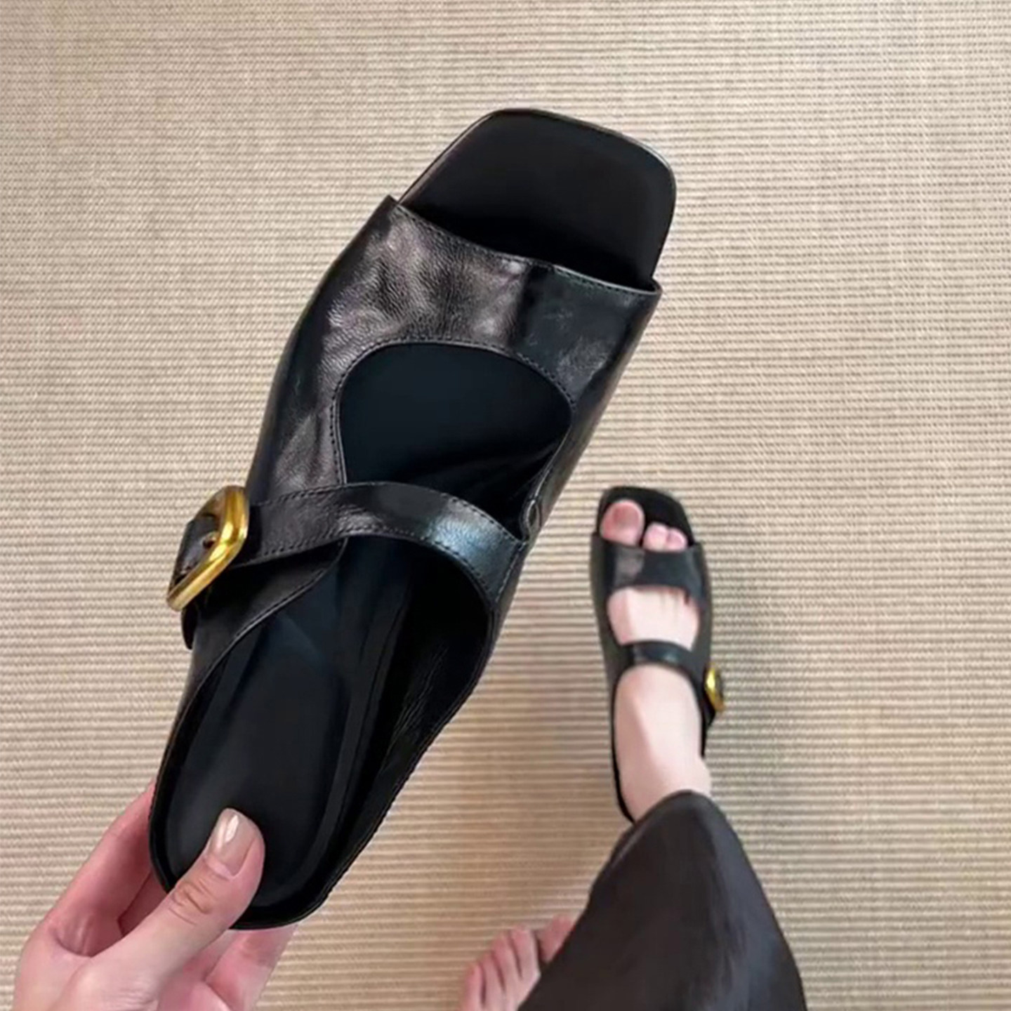 羊皮版~方头复古简约金属扣内增高凉拖鞋女外穿通勤气质一字拖鞋主图