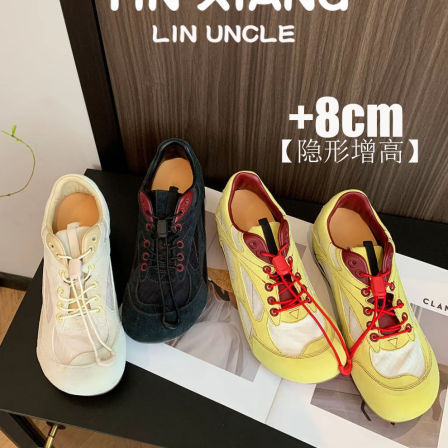 羊皮版~歪头抽绳8cm内增高德训鞋女2026年夏季厚底系带休闲运动鞋