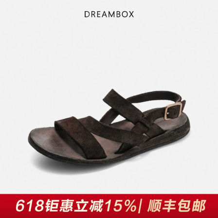 DREAMBOX钧博水洗马皮平底外穿凉鞋2026夏季新款开车舒适沙滩鞋