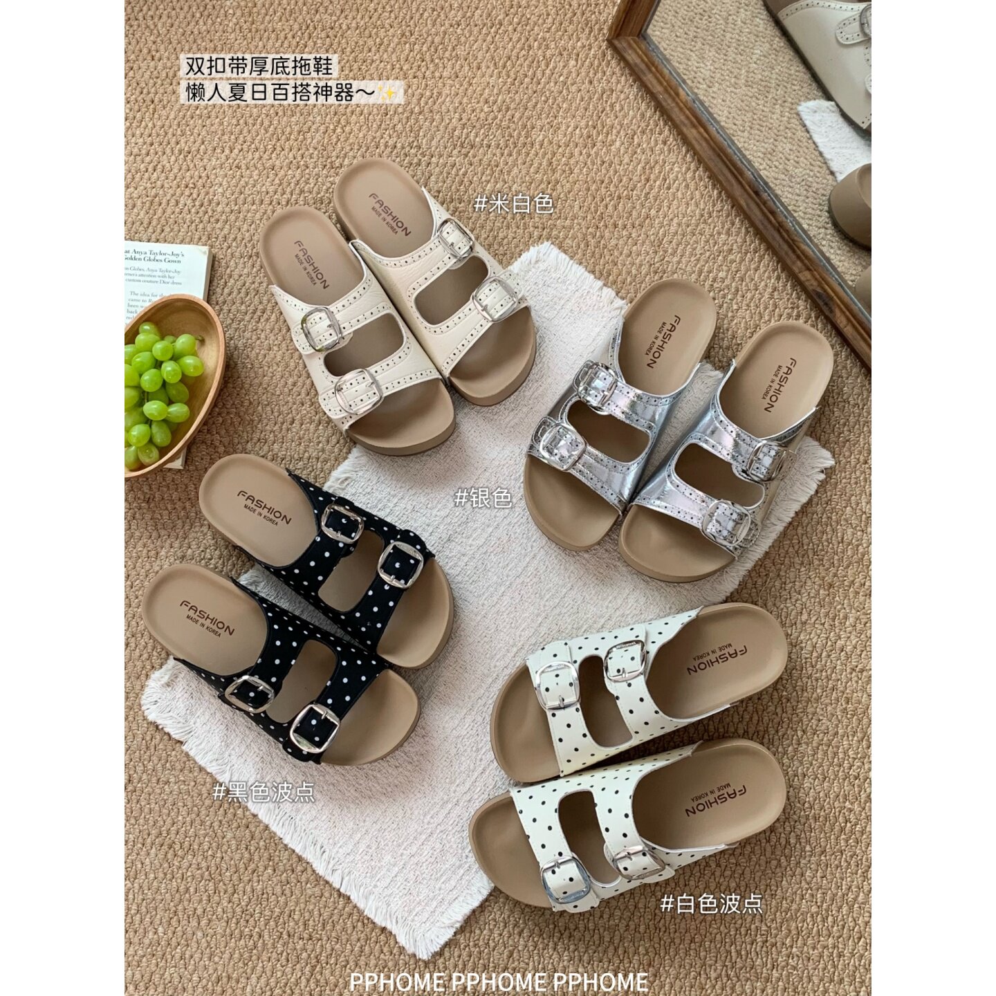 PPHOME自制~实穿懒人拖!波点厚底勃肯双扣带软底增高百搭夏拖鞋女主图