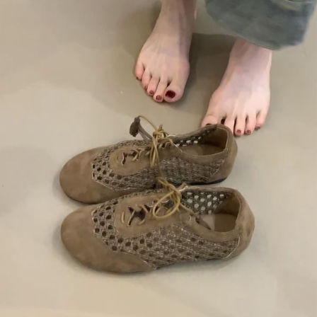 羊皮版~复古风编织镂空系带德训鞋透气圆头休闲包鞋女百搭平底鞋