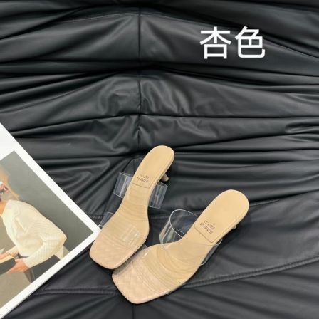 3.5cm进口PVC“不发黄”透明带小猫跟半凉拖鞋212120【BL】#5-16