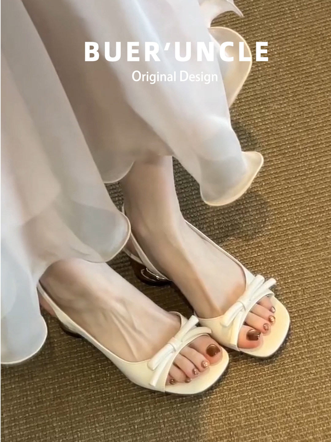 羊皮版~气质凉鞋女款夏季蝴蝶结粗跟绝美不累脚一脚蹬露趾高跟鞋主图