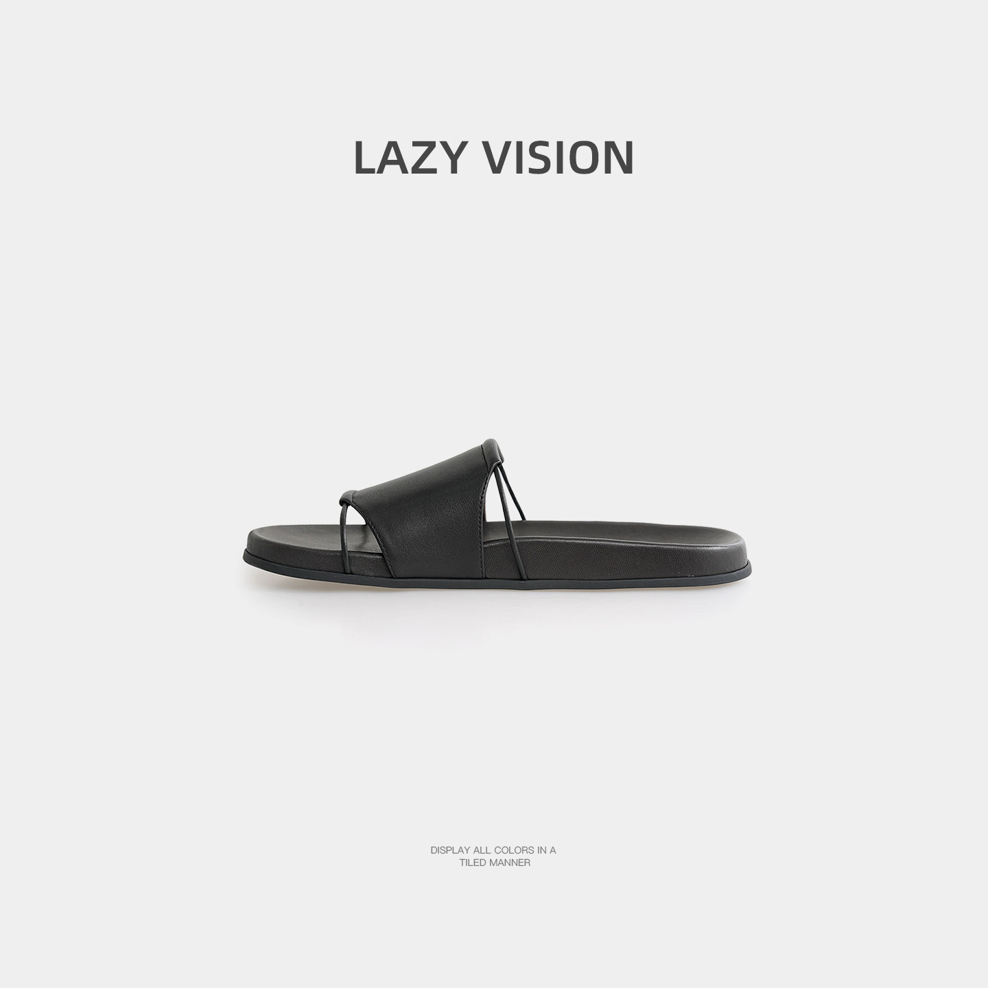 LAZYVISION极简CozyFit软羊皮拖鞋女夏休闲露趾平底一字凉鞋37894主图