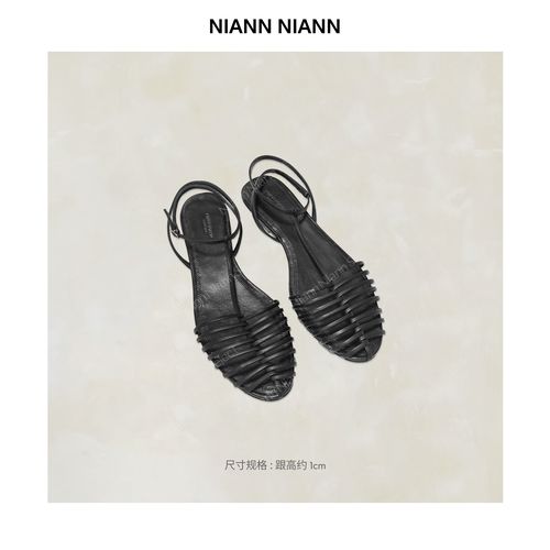 NiannNiann26新牛皮面内里羊皮一字扣手工编织罗马平底凉鞋17128主图
