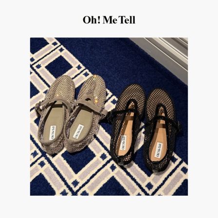 Oh！Me Tell【爆闪满天星】水钻渔网凉鞋一字带镂空真皮玛丽珍平底鞋