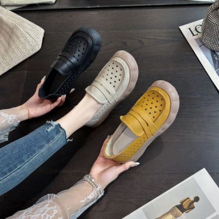 B 门店5&99！洞洞鞋」头层牛皮软底妈妈鞋透气凉鞋休闲单鞋女C28114