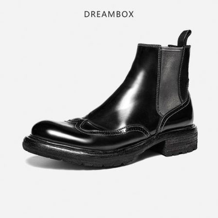 DREAMBOX钧博vibram防滑意大利马臀皮男靴布洛克雕花高档切尔西靴