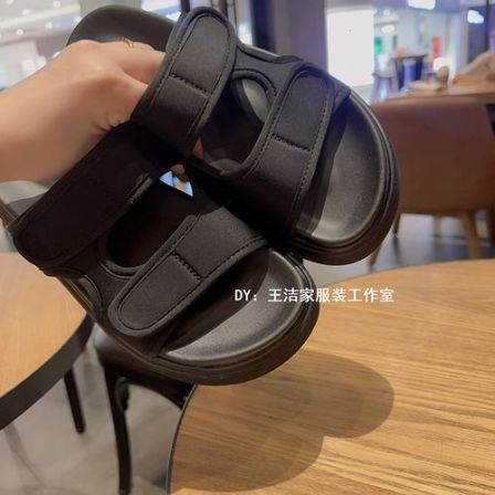 REKAYYAT 夏季时尚简约厚底休闲百搭魔术贴一字凉拖拖鞋