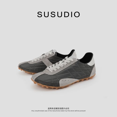 SUSUDIO  牛反绒皮 复古做旧尼龙布拼色德训薄底系带鞋 80024主图