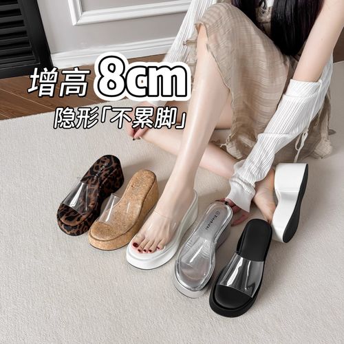 绝美厚底拖鞋女夏外穿高级感一字拖鞋透明高跟鞋不累脚坡跟凉拖鞋主图