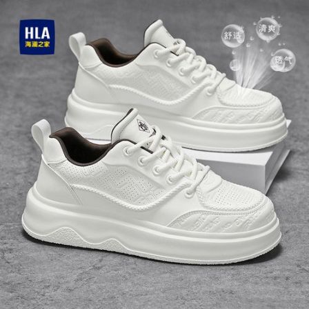 HLA/海澜之家男鞋2026夏季透气休闲时尚刺绣小白鞋低帮增高板鞋男