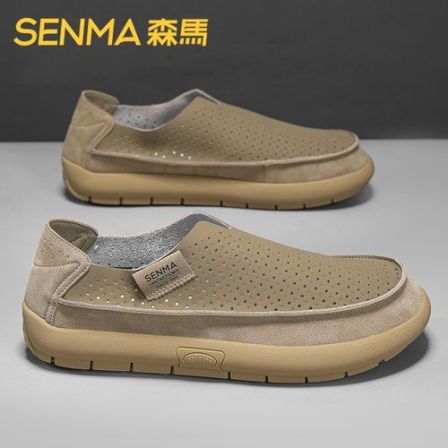 SENMA/森马男鞋2026夏季透气镂空真皮休闲鞋一脚蹬懒人开车豆豆鞋