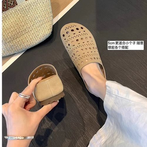 牛皮版厚底勃肯鞋女2026夏新款洞洞款增高懒人博肯包头半拖鞋外穿主图