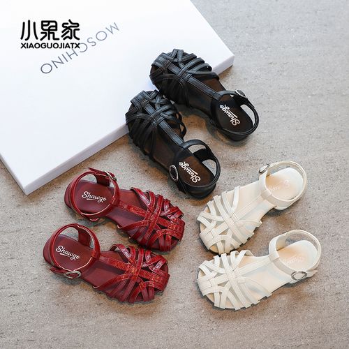 女童凉鞋罗马鞋黑色小女孩沙滩鞋夏季女童鞋夏款防滑鞋子包头透气主图