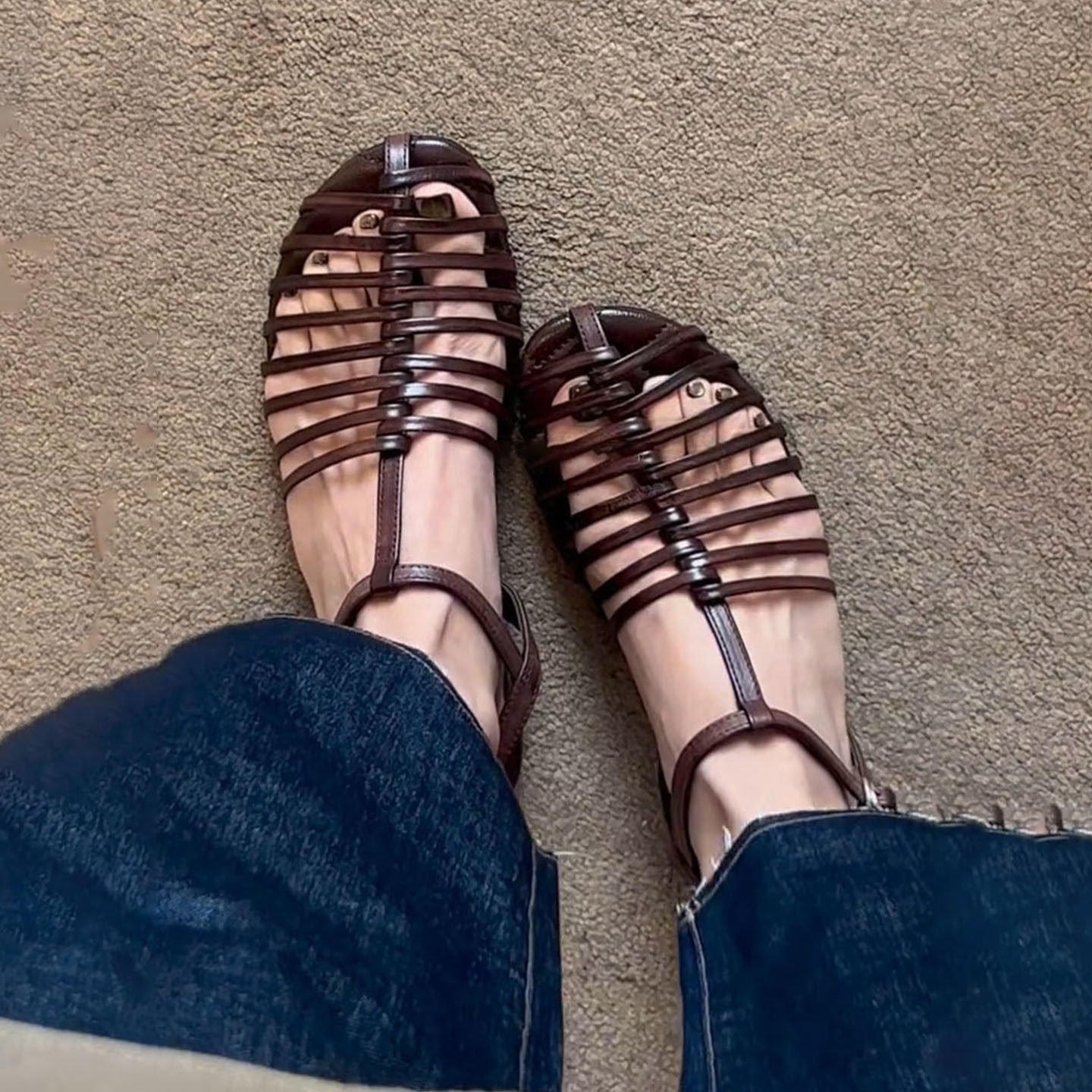 羊皮版~夏季小众编织镂空包头凉鞋女平底猪笼鞋罗马一字扣带女鞋主图