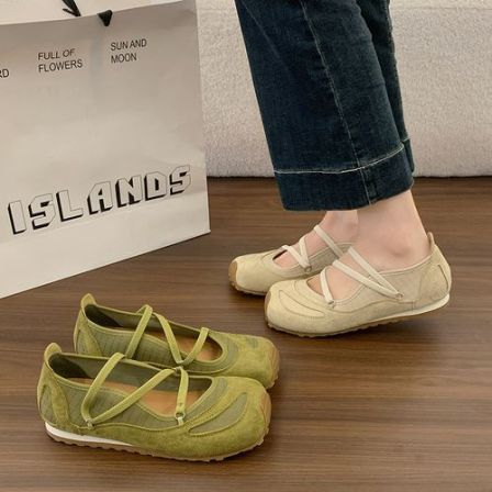 高货抹茶芭蕾3cm复古玛丽珍女鞋夏季新款交叉带透气浅口方头单鞋