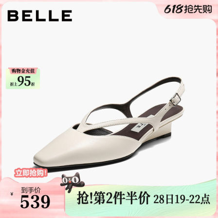 百丽羊皮后空包头凉鞋女士2026夏季新款坡跟高跟通勤凉鞋3JZ35CH6