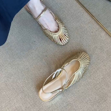 羊皮版~复古风休闲时尚舒适低跟外穿罗马凉鞋女编织透气时装凉鞋