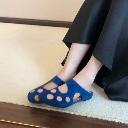 羊皮版~厚底勃肯鞋波点包头半拖鞋女夏外穿平底凉拖鞋一脚蹬女鞋