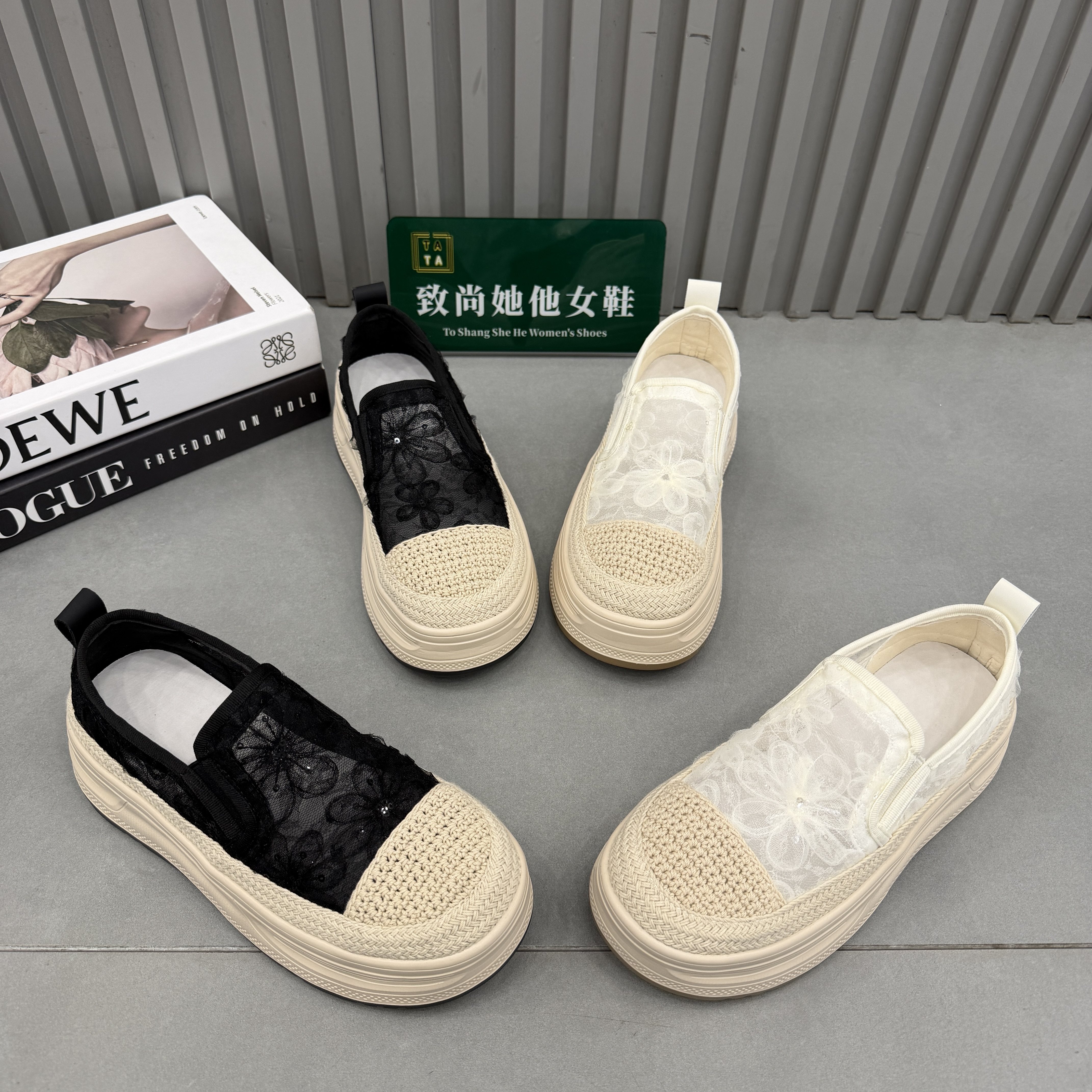 厚底渔夫鞋女鞋2026夏季新款时尚百搭蕾丝网纱一脚蹬轻便休闲板鞋主图