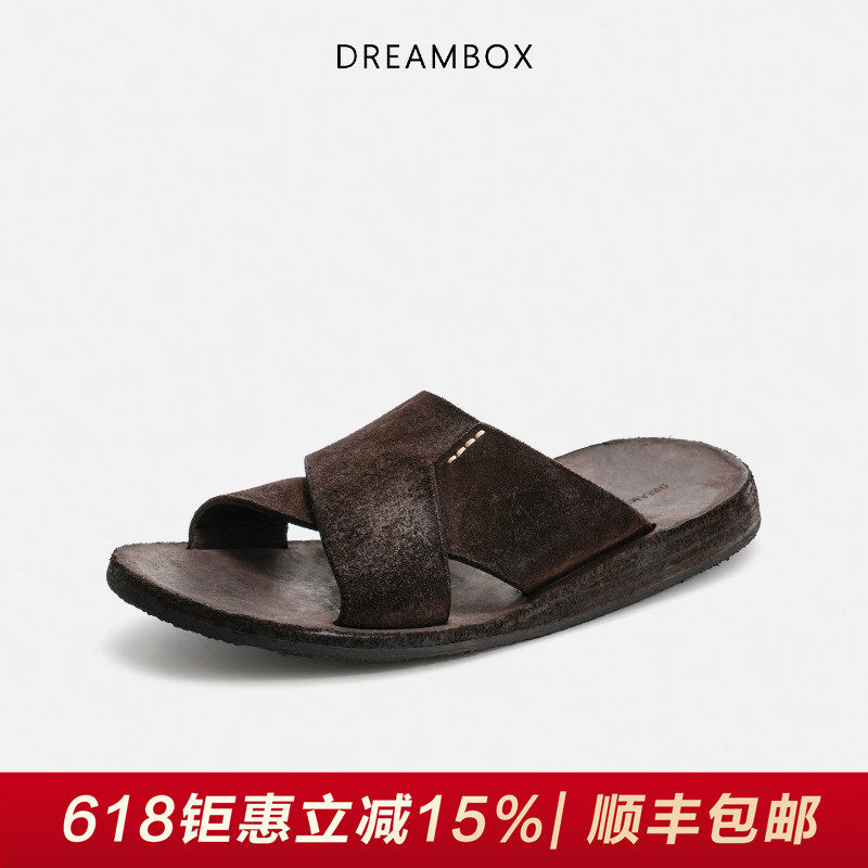 DREAMBOX钧博水洗马皮透气舒适拖凉鞋2026夏季新款平底简约一字拖主图