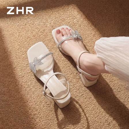 ZHR则则一字带凉鞋女2026夏新款配裙子粗跟凉鞋水钻蝴蝶结高跟鞋