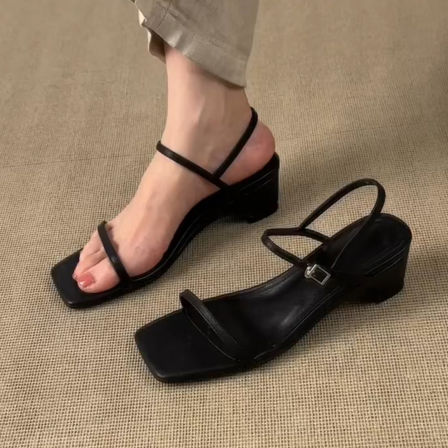 羊皮版~极简风一字带罗马鞋女方头露趾气质优雅粗跟通勤外穿凉鞋