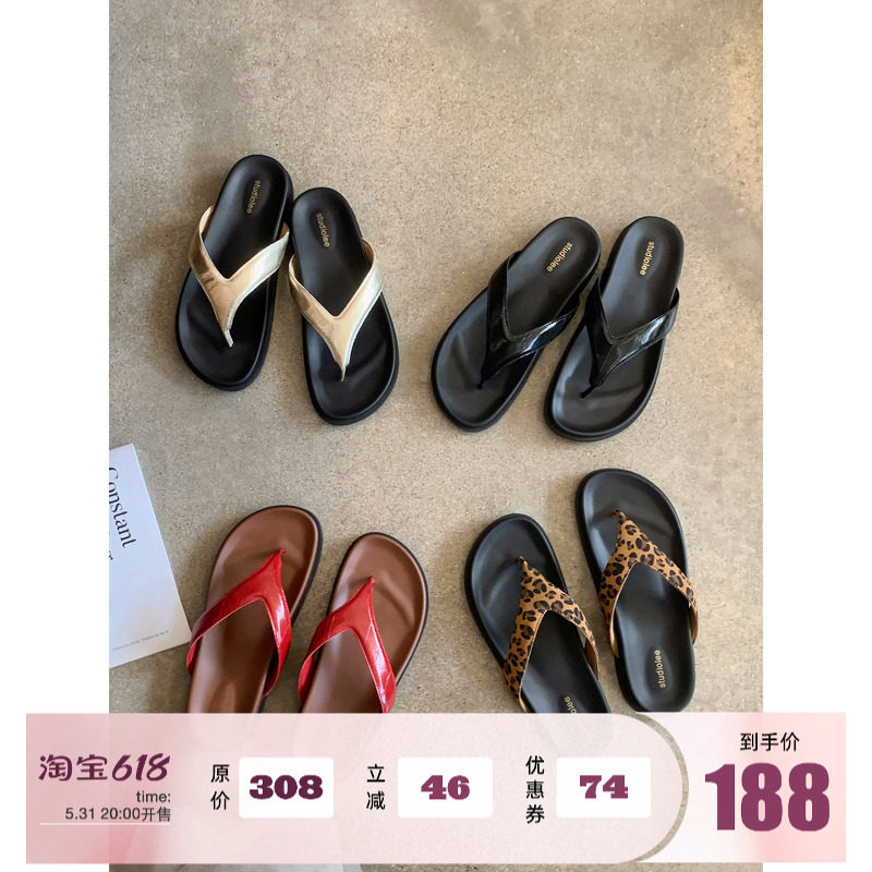 葡萄妈studiolee 3cm厚底~ 夏季皮面夹趾豹纹休闲沙滩人字拖鞋女主图