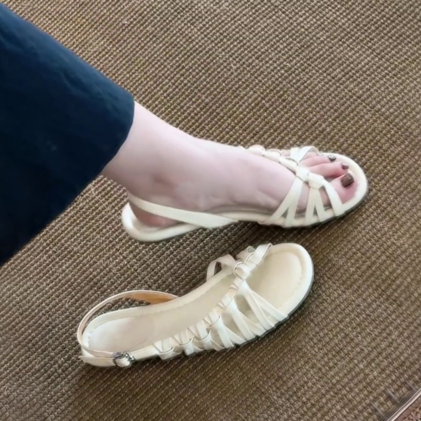 羊皮版~法式度假风编织一字带平底凉鞋女露趾配裙子沙滩罗马凉鞋主图