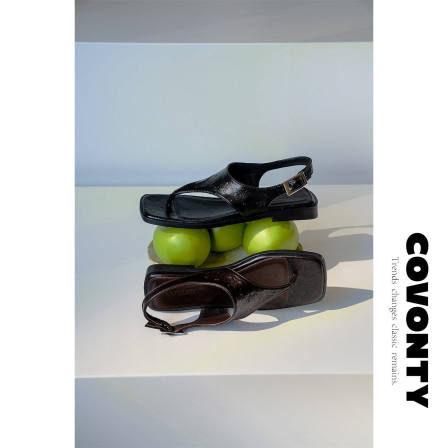COVONTY【超能小太阳】凉鞋女夏鸵鸟纹真皮夹趾人字拖沙滩鞋