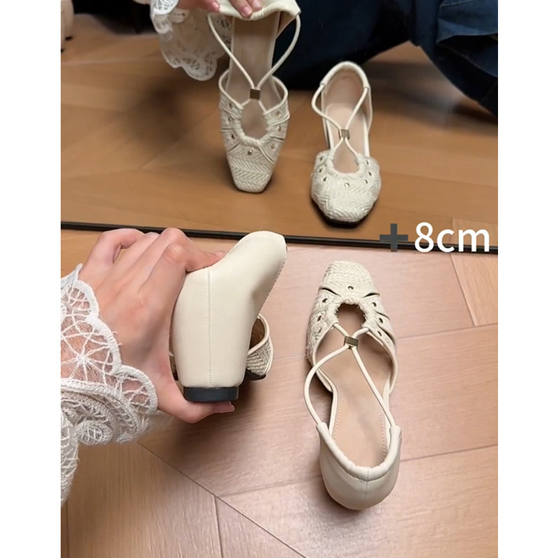 羊皮版~真皮内增高8cm编织包头凉鞋女交叉带时尚百搭草编罗马单鞋主图