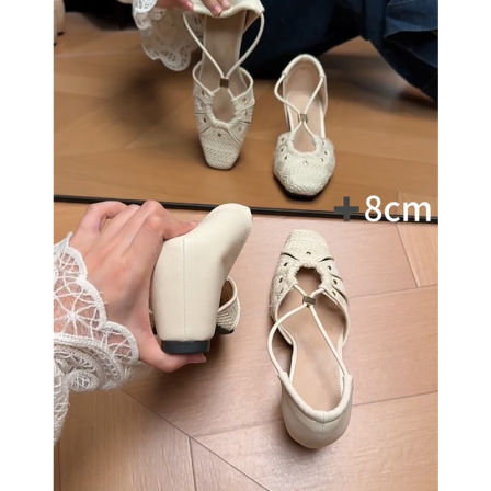 羊皮版~真皮内增高8cm编织包头凉鞋女交叉带时尚百搭草编罗马单鞋