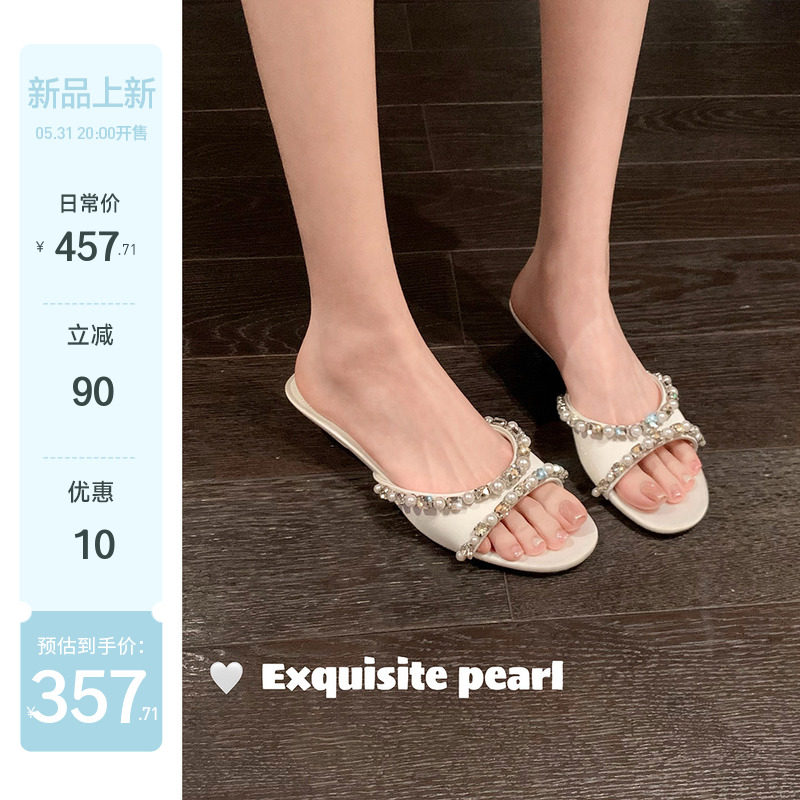 【苏茵茵】雅典拖~超重工4cm法式珍珠水钻缎面细高跟凉拖女拖鞋夏主图