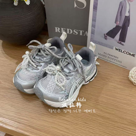 JBM童鞋女童夏季蕾丝蝴蝶结运动鞋2026新款儿童网面休闲老爹鞋子
