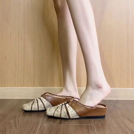 羊皮版~松弛感度假风草编半拖鞋复古外穿镂空内增高包头凉拖鞋女