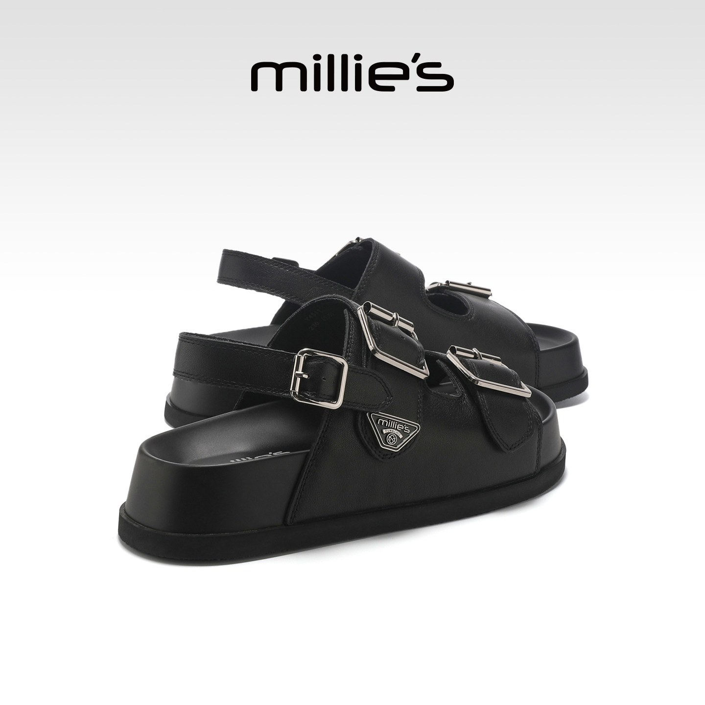 MILLIE'S/妙丽黑色牛皮罗马凉鞋女2026夏季百搭皮带扣露趾厚底鞋主图