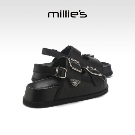 MILLIE'S/妙丽黑色牛皮罗马凉鞋女2026夏季百搭皮带扣露趾厚底鞋