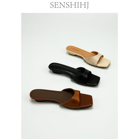 SENSHIHJ/森诗和匠羊皮度假方头平底凉拖鞋女夏外穿一字拖大码41